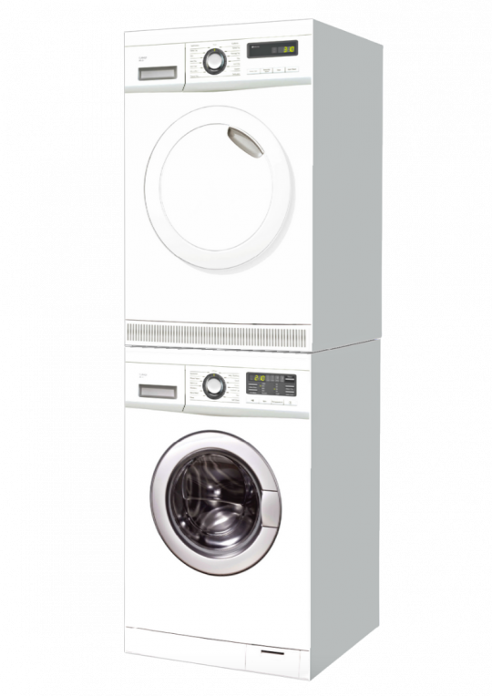 Twee kartonnen 3D modules; één met een fotorealistische print van een wasmachine en één met een fotorealistische print van een wasdroger