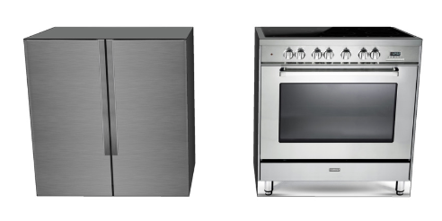 Vrijstaande oven van karton. Achterzijde is 1 deel van de amerikaanse koelkast van karton.