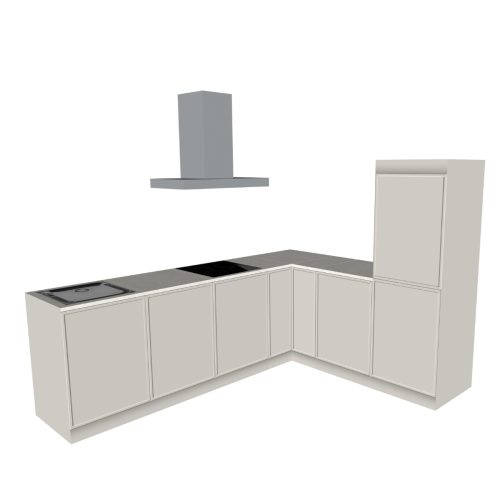 Cubiqz PURE cardboard kitchen package with taupe-greige cabinets, ivory stone-look worktop, and modular kitchen layout