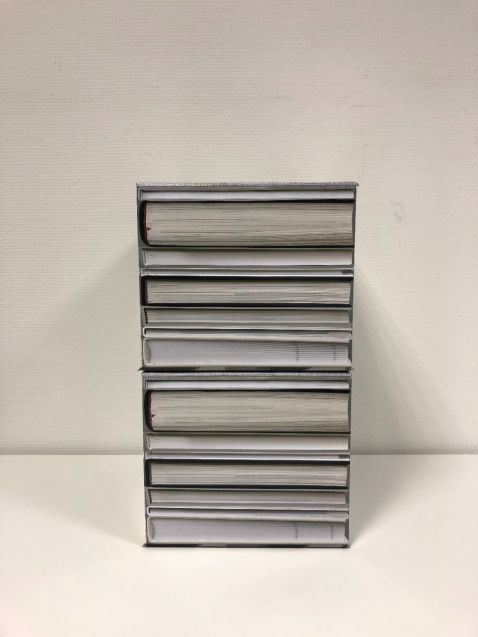Nep boeken van karton. 2 gestapelde boxen met op elke zijde een verschillende boekenprint. . Prijs is voor ÉÉN boekenbox groot formaat