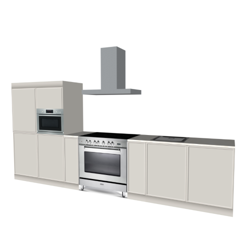 Kartonnen keukenopstelling Cubiqz met oven, modulaire kasten en Ivory Natural Stone Look werkblad