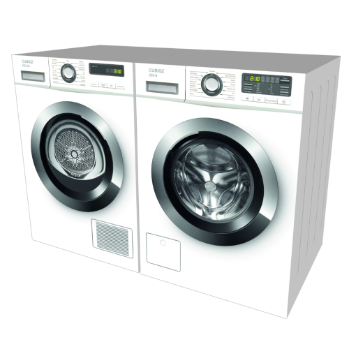 Realistische kartonnen wasmachine- en drogerset voor woningpresentaties, interieurstyling, showroomdecoratie en presentaties.